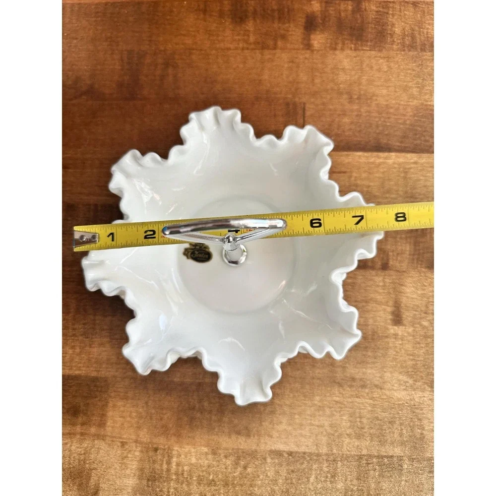 Vintage Fenton white milk glass ruffled edge hobnail silver handled candy dish